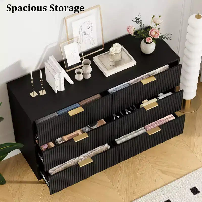 Comò moderno a 6 cassetti con scanalature, cassettiera in legno da 120 cm con maniglie in metallo, design a doppio cassetto per una conservazione versatile in soggiorno, corridoio, camera da letto