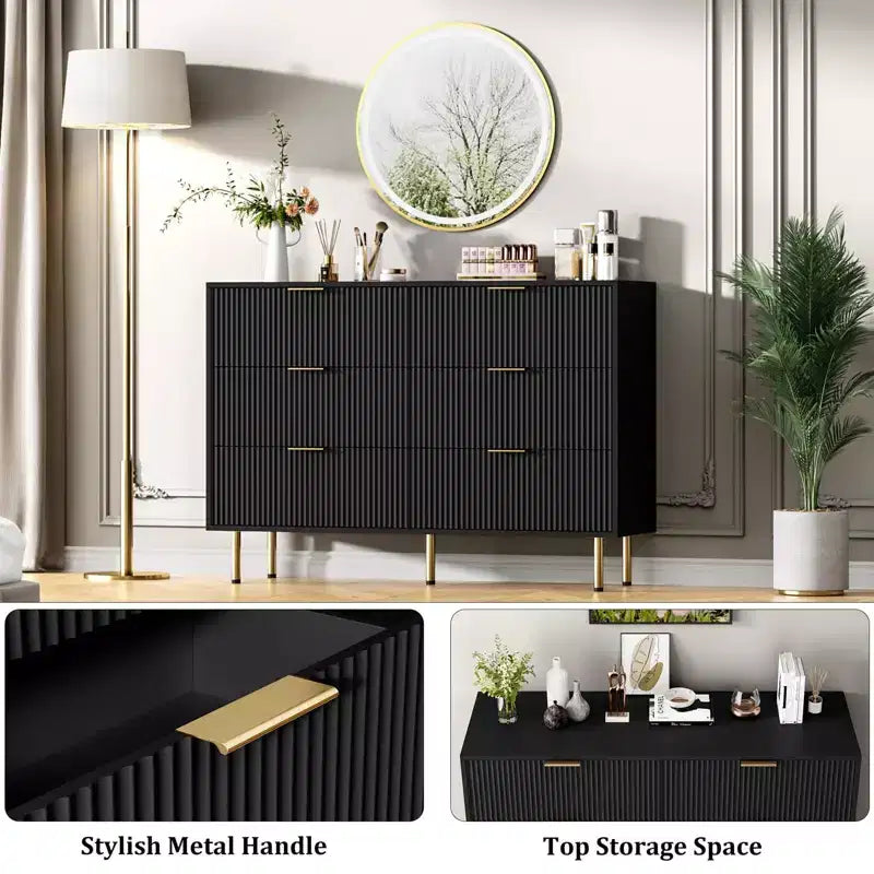 Comò moderno a 6 cassetti con scanalature, cassettiera in legno da 120 cm con maniglie in metallo, design a doppio cassetto per una conservazione versatile in soggiorno, corridoio, camera da letto