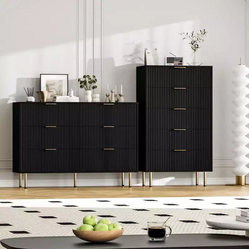 Comò moderno a 6 cassetti con scanalature, cassettiera in legno da 120 cm con maniglie in metallo, design a doppio cassetto per una conservazione versatile in soggiorno, corridoio, camera da letto