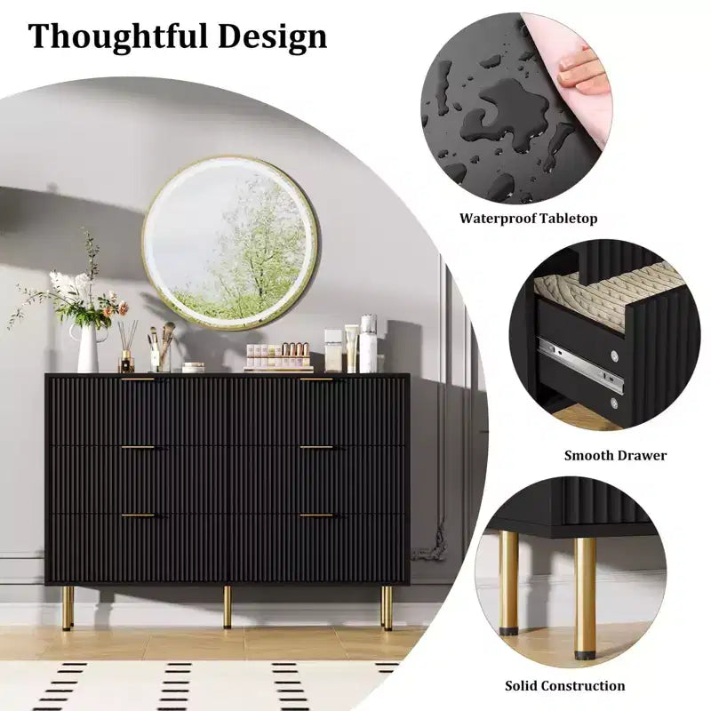 Comò moderno a 6 cassetti con scanalature, cassettiera in legno da 120 cm con maniglie in metallo, design a doppio cassetto per una conservazione versatile in soggiorno, corridoio, camera da letto