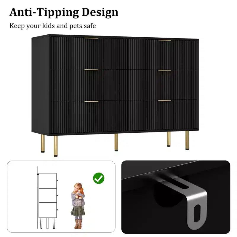 Comò moderno a 6 cassetti con scanalature, cassettiera in legno da 120 cm con maniglie in metallo, design a doppio cassetto per una conservazione versatile in soggiorno, corridoio, camera da letto