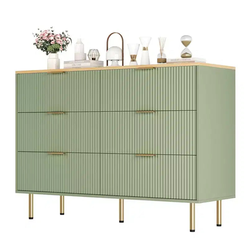 Comò moderno a 6 cassetti con scanalature, cassettiera in legno da 120 cm con maniglie in metallo, design a doppio cassetto per una conservazione versatile in soggiorno, corridoio, camera da letto