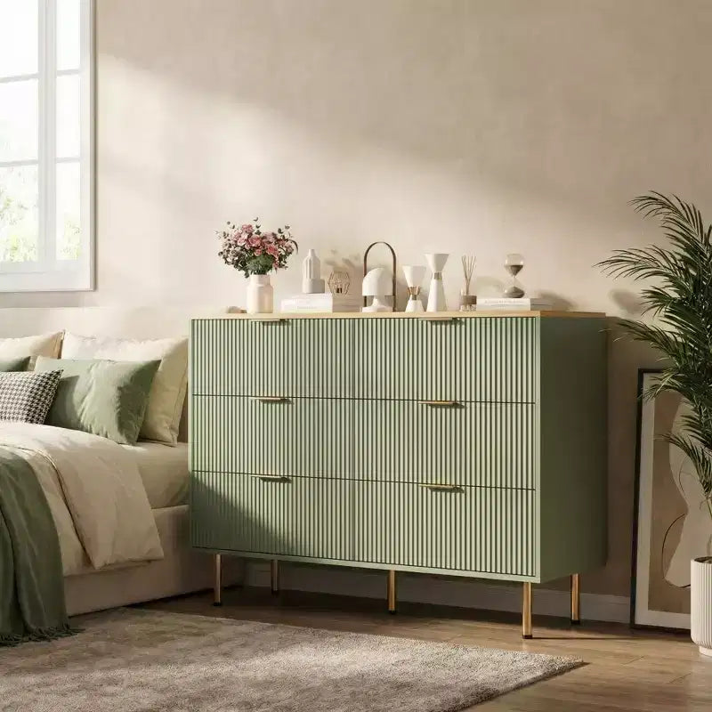 Comò moderno a 6 cassetti con scanalature, cassettiera in legno da 120 cm con maniglie in metallo, design a doppio cassetto per una conservazione versatile in soggiorno, corridoio, camera da letto