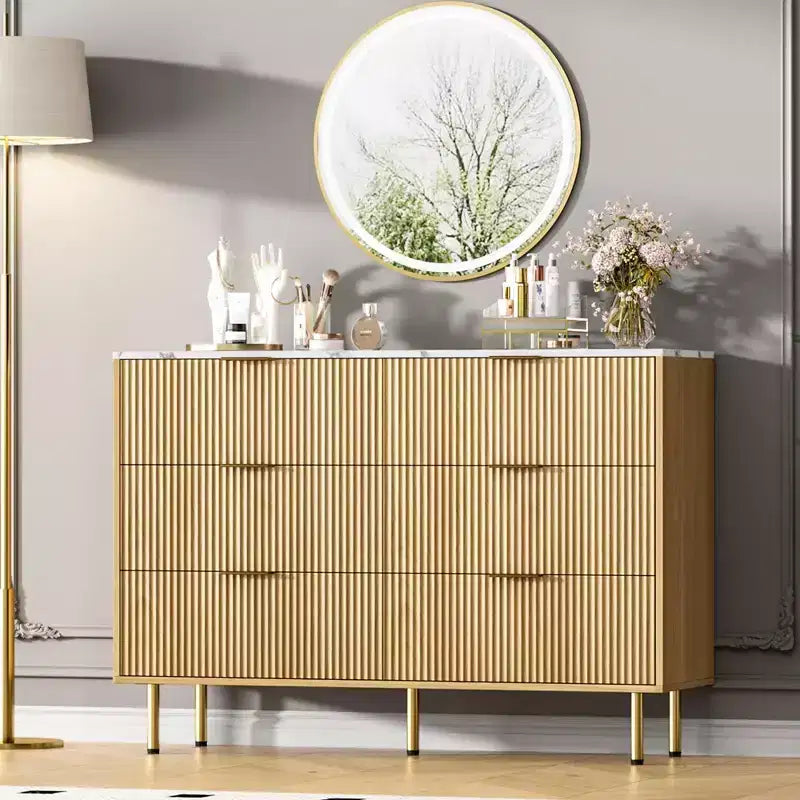 Comò moderno a 6 cassetti con scanalature, cassettiera in legno da 120 cm con maniglie in metallo, design a doppio cassetto per una conservazione versatile in soggiorno, corridoio, camera da letto