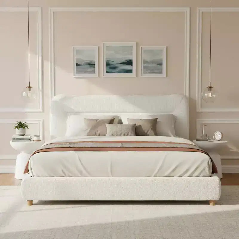 Struttura Letto a Piattaforma Minimalista Queen/King Size con Morbida Testiera Imbottita, Design Curvo, Bianco Crema - ModernLuxe