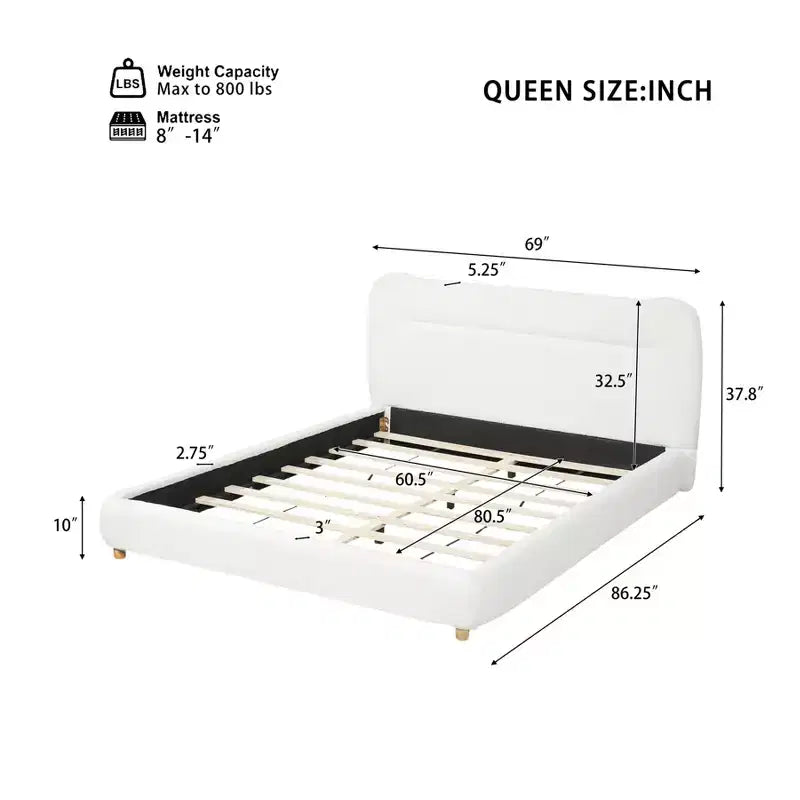 Struttura Letto a Piattaforma Minimalista Queen/King Size con Morbida Testiera Imbottita, Design Curvo, Bianco Crema - ModernLuxe