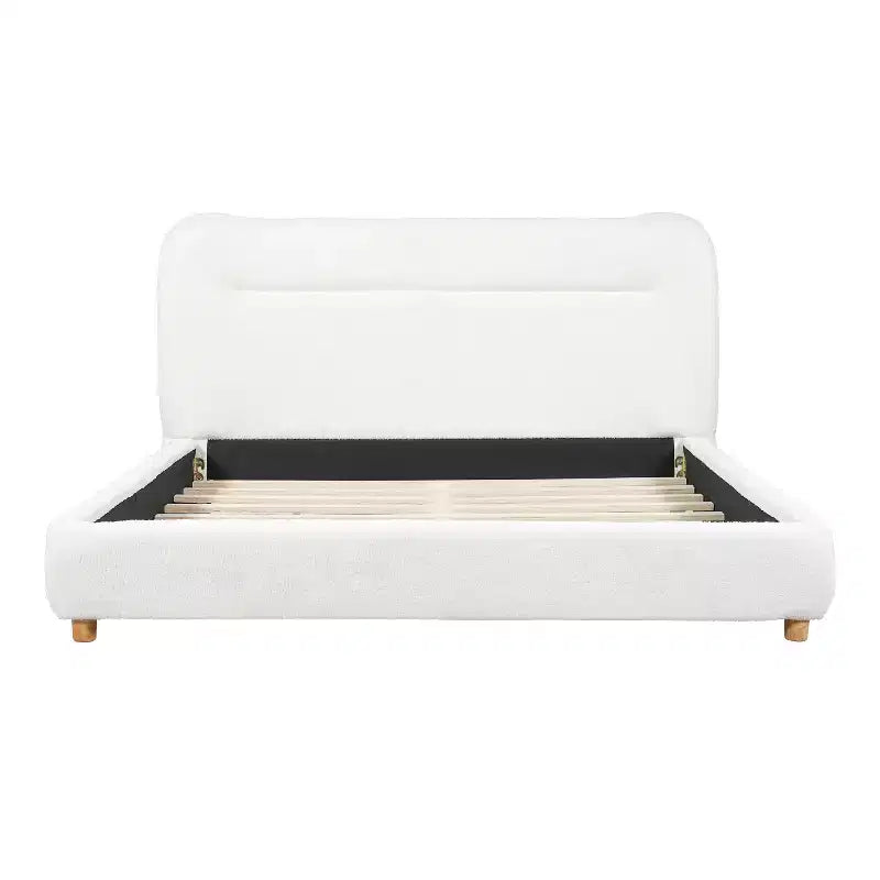 Struttura Letto a Piattaforma Minimalista Queen/King Size con Morbida Testiera Imbottita, Design Curvo, Bianco Crema - ModernLuxe