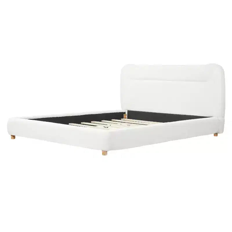 Struttura Letto a Piattaforma Minimalista Queen/King Size con Morbida Testiera Imbottita, Design Curvo, Bianco Crema - ModernLuxe