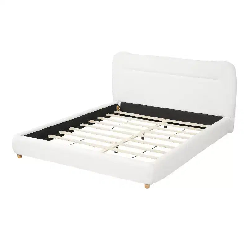 Struttura Letto a Piattaforma Minimalista Queen/King Size con Morbida Testiera Imbottita, Design Curvo, Bianco Crema - ModernLuxe