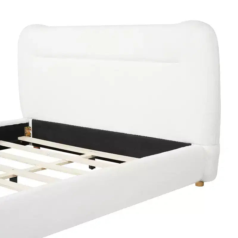 Struttura Letto a Piattaforma Minimalista Queen/King Size con Morbida Testiera Imbottita, Design Curvo, Bianco Crema - ModernLuxe
