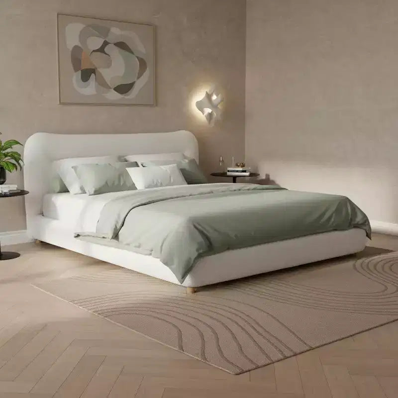 Struttura Letto a Piattaforma Minimalista Queen/King Size con Morbida Testiera Imbottita, Design Curvo, Bianco Crema - ModernLuxe