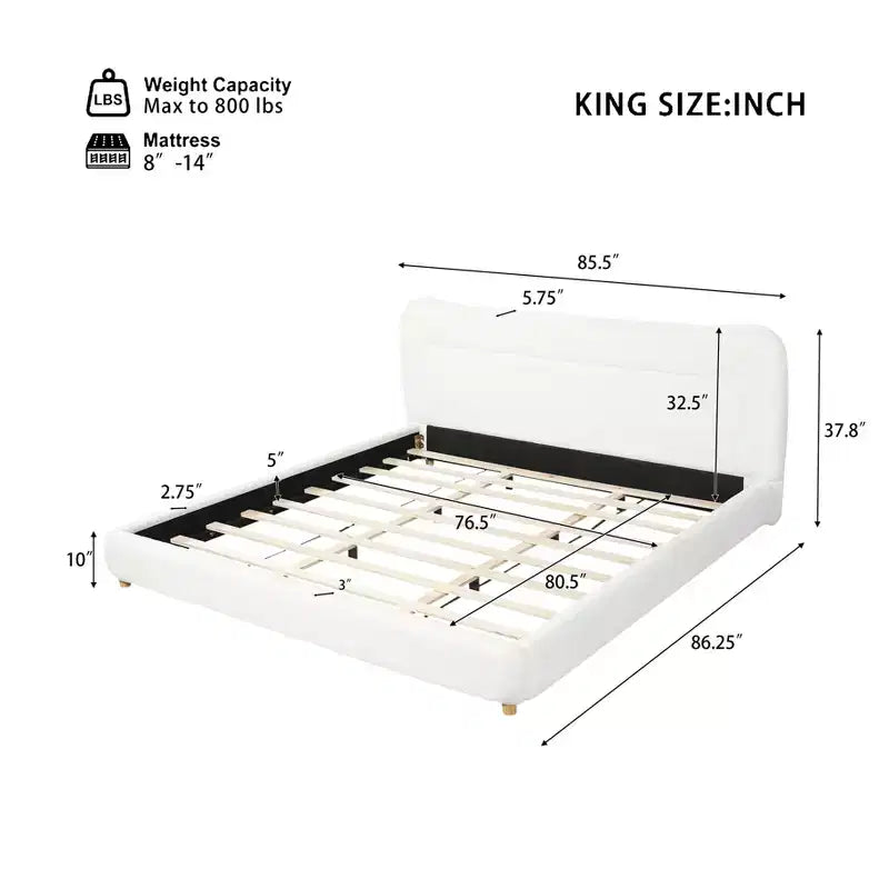 Struttura Letto a Piattaforma Minimalista Queen/King Size con Morbida Testiera Imbottita, Design Curvo, Bianco Crema - ModernLuxe