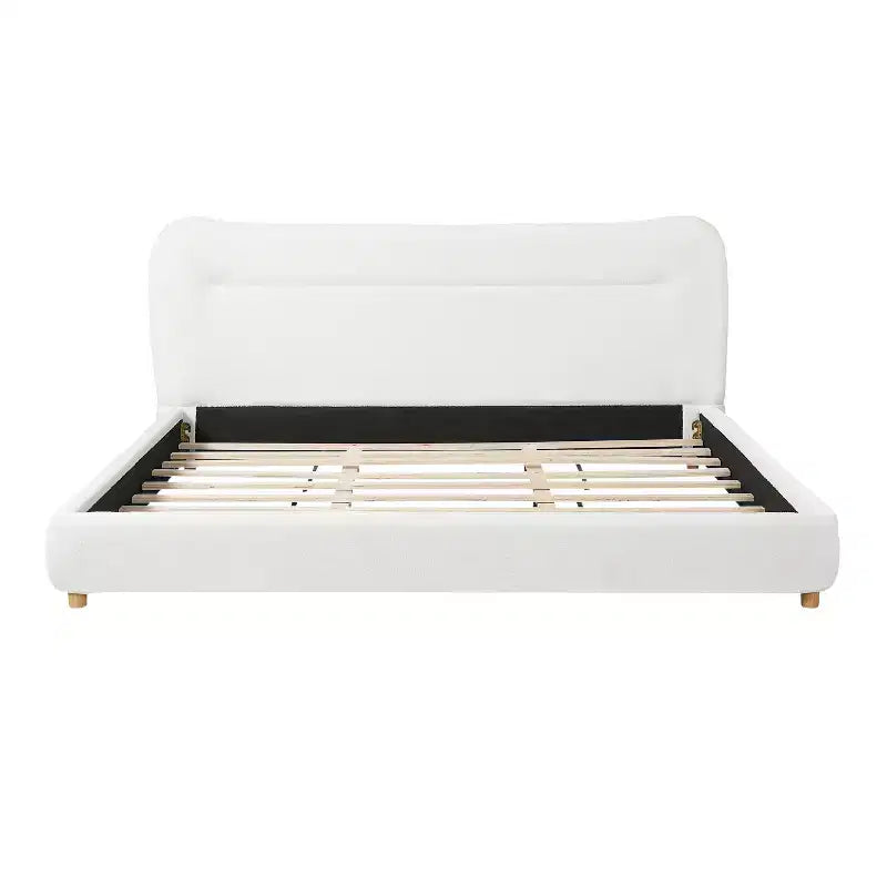 Struttura Letto a Piattaforma Minimalista Queen/King Size con Morbida Testiera Imbottita, Design Curvo, Bianco Crema - ModernLuxe