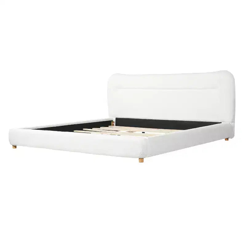 Struttura Letto a Piattaforma Minimalista Queen/King Size con Morbida Testiera Imbottita, Design Curvo, Bianco Crema - ModernLuxe