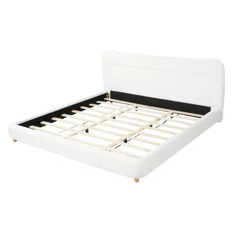 Struttura Letto a Piattaforma Minimalista Queen/King Size con Morbida Testiera Imbottita, Design Curvo, Bianco Crema - ModernLuxe