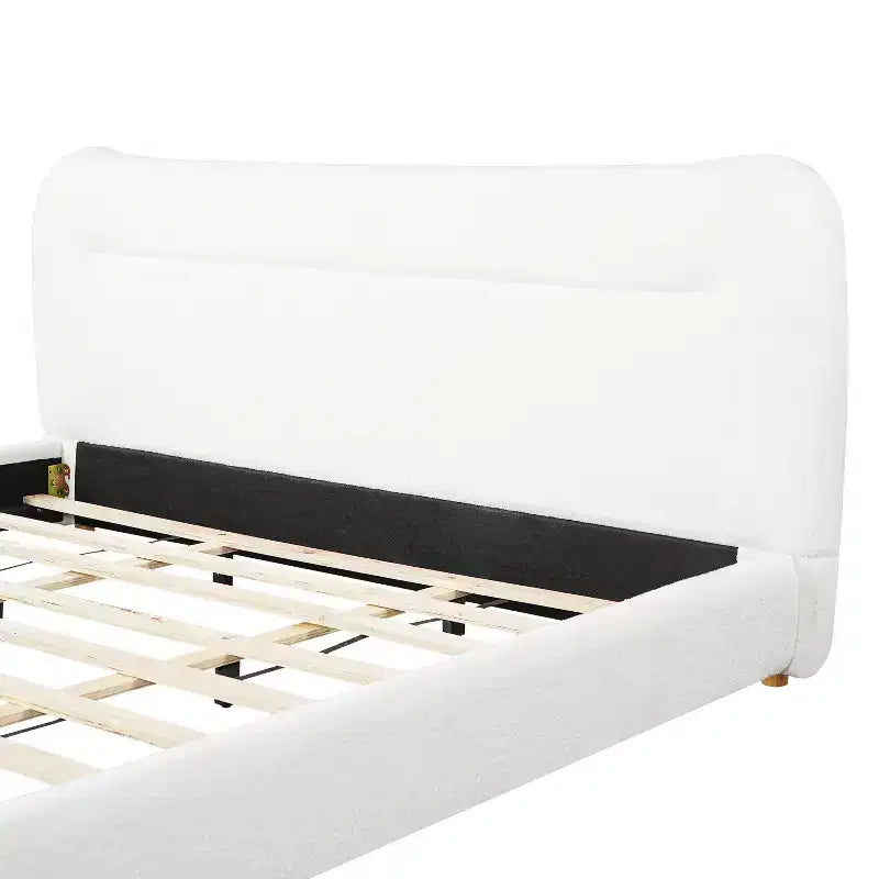 Struttura Letto a Piattaforma Minimalista Queen/King Size con Morbida Testiera Imbottita, Design Curvo, Bianco Crema - ModernLuxe
