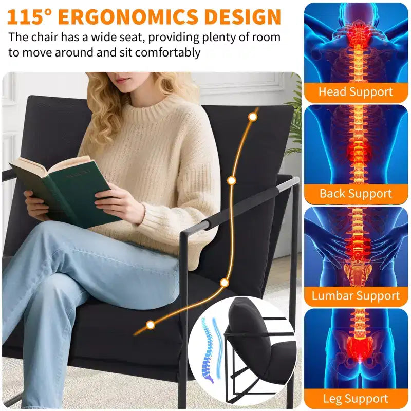 Poltrona Imbottita, Struttura Ergonomica in Metallo, Morbido Cuscino e Schienale, per Soggiorno, Camera da Letto
