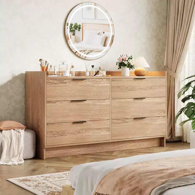 Comò a 6 cassetti largo 52,5 pollici con maniglie in metallo, mobile contenitore moderno in legno per camera da letto
