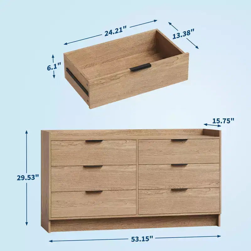 Comò a 6 cassetti largo 52,5 pollici con maniglie in metallo, mobile contenitore moderno in legno per camera da letto