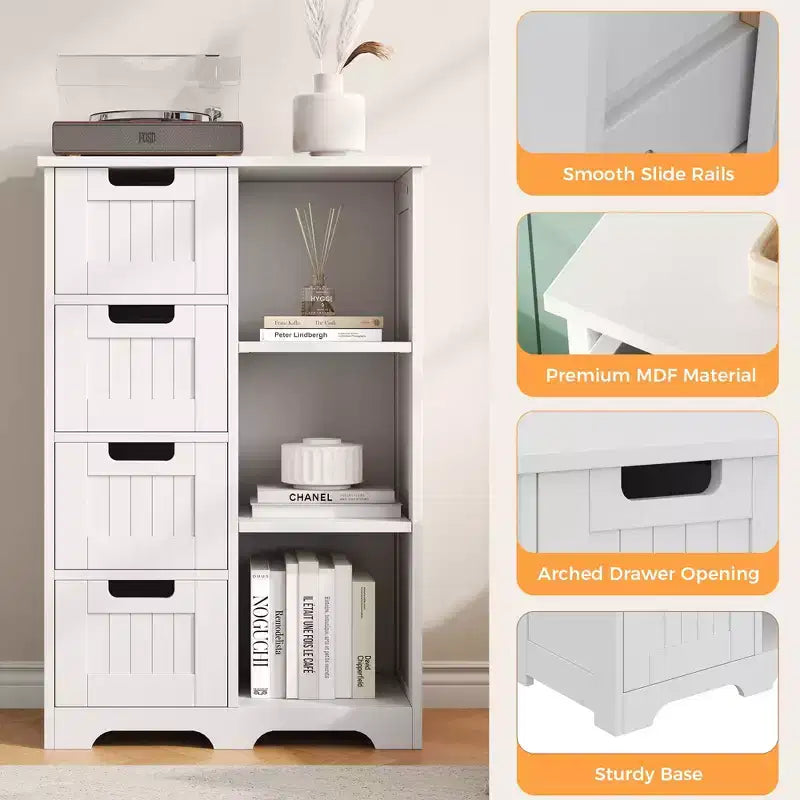 Mobiletto contenitore a 4 cassetti autoportante con ripiano aperto, armadietto da pavimento in legno per ingresso, bagno, camera da letto e soggiorno