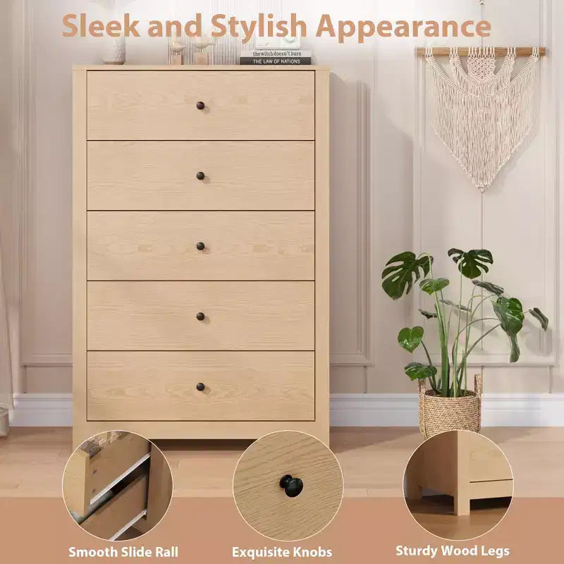 Cassettiera con 5 cassetti, in legno, alta, cassettiera alta con 5 cassetti per camera da letto e soggiorno, colore rovere