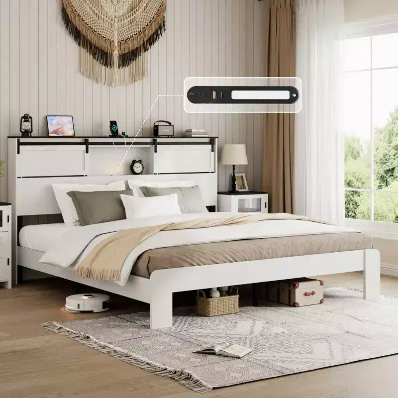 Letto a piattaforma Queen/King Size con Stazione di Ricarica, Struttura letto a piattaforma in legno con Contenitore