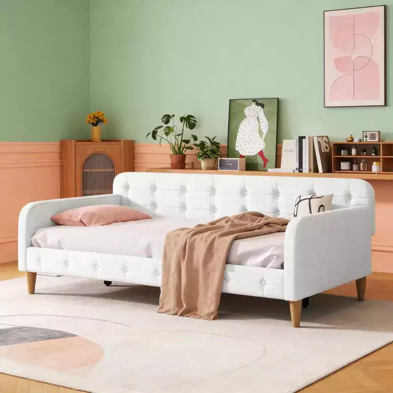 Divano letto moderno imbottito in lino, misura Twin, per soggiorno e appartamento