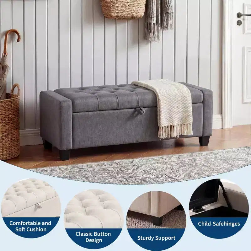 Panca contenitore pouf 50,8, Panca contenitore imbottita con bottoni a trapuntatura, Panca da ingresso con coperchio a ribalta e cerniera di sicurezza a chiusura rallentata per soggiorno