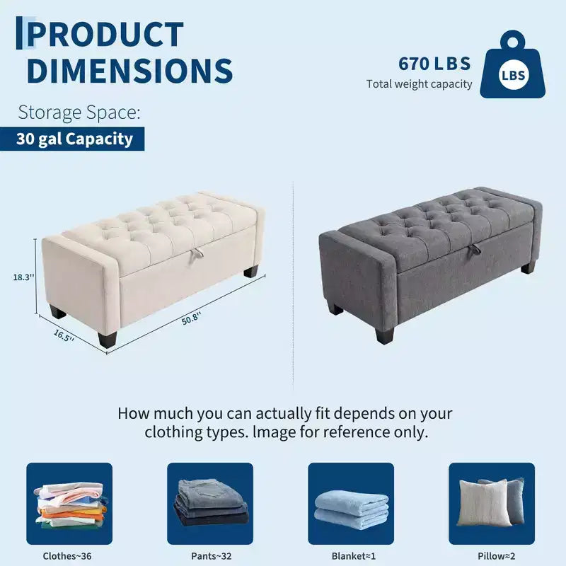 Panca contenitore pouf 50,8, Panca contenitore imbottita con bottoni a trapuntatura, Panca da ingresso con coperchio a ribalta e cerniera di sicurezza a chiusura rallentata per soggiorno