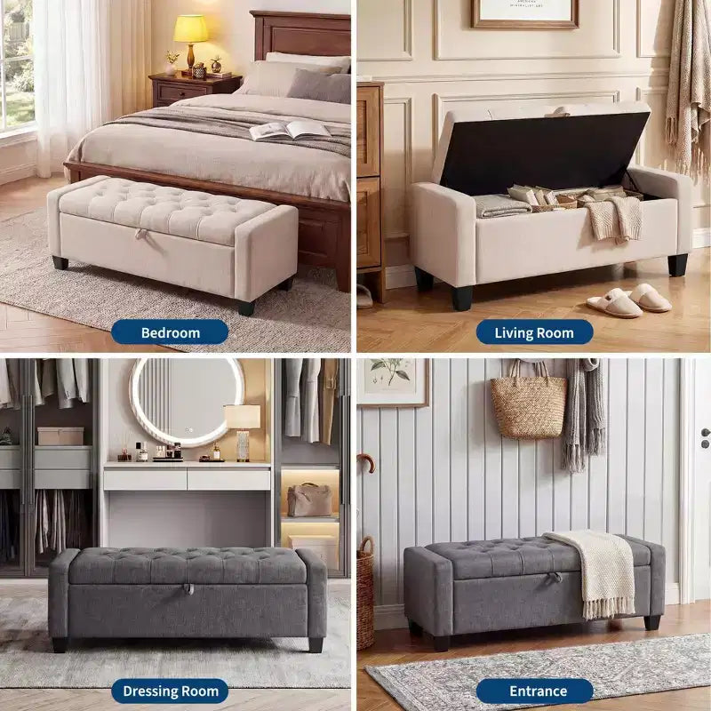 Panca contenitore pouf 50,8, Panca contenitore imbottita con bottoni a trapuntatura, Panca da ingresso con coperchio a ribalta e cerniera di sicurezza a chiusura rallentata per soggiorno
