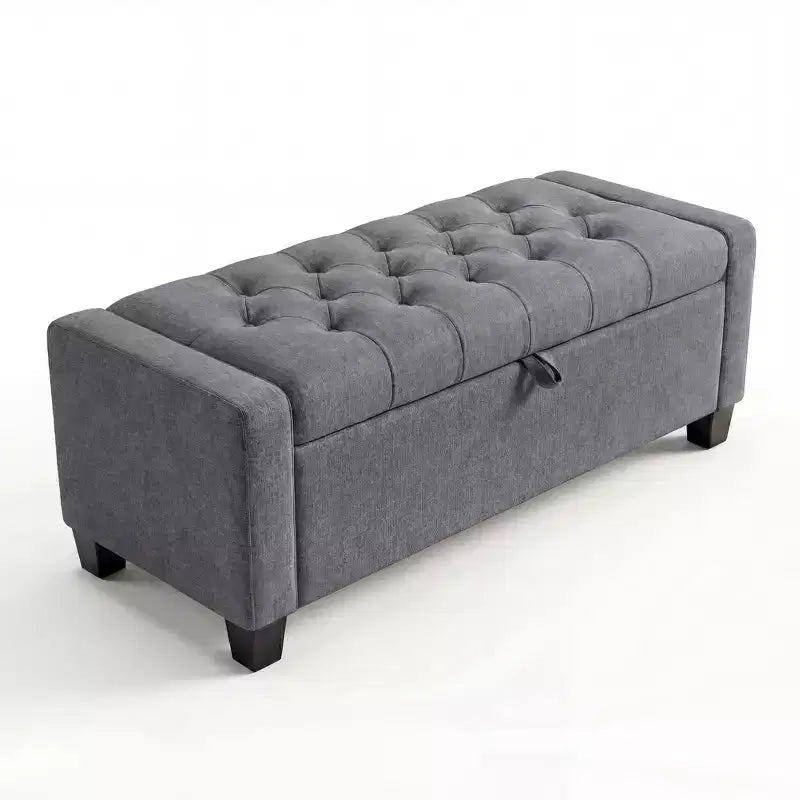 Panca contenitore pouf 50,8, Panca contenitore imbottita con bottoni a trapuntatura, Panca da ingresso con coperchio a ribalta e cerniera di sicurezza a chiusura rallentata per soggiorno