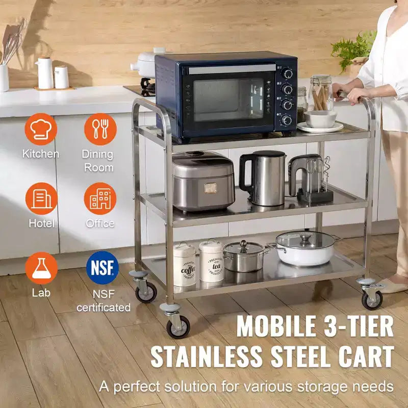 Carrello Utensili da Cucina, 3 Livelli, Carrello Avvolgibile in Filo con Capacità di 204 kg, Carrello di Servizio in Acciaio su Ruote