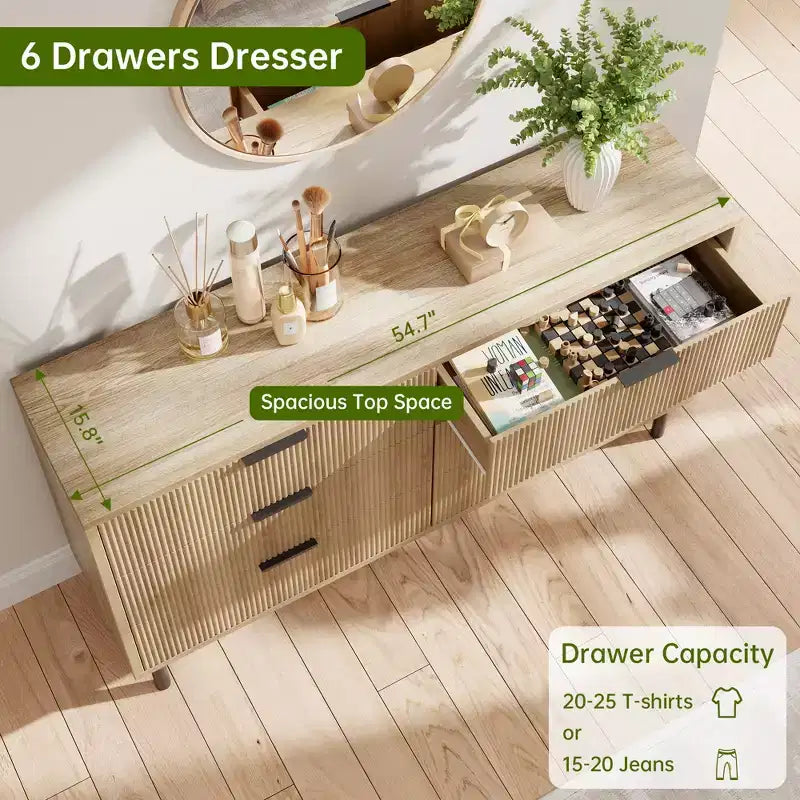 Comò moderno in legno scanalato - 6 ampi cassetti - Design antiribaltamento e gambe in metallo - Maniglie eleganti - Perfetto per camera da letto, soggiorno