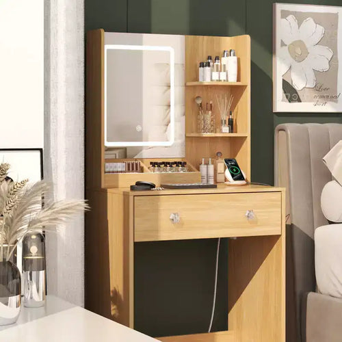 24 Toeletta Moderna in Legno con Specchio Illuminato e Stazione di Ricarica, Tavolino da Trucco Piccolo con 2 Cassetti e 3 Ripiani Contenitori per Camera da Letto