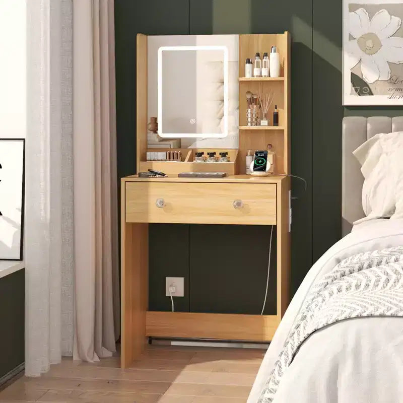 24 Toeletta Moderna in Legno con Specchio Illuminato e Stazione di Ricarica, Tavolino da Trucco Piccolo con 2 Cassetti e 3 Ripiani Contenitori per Camera da Letto