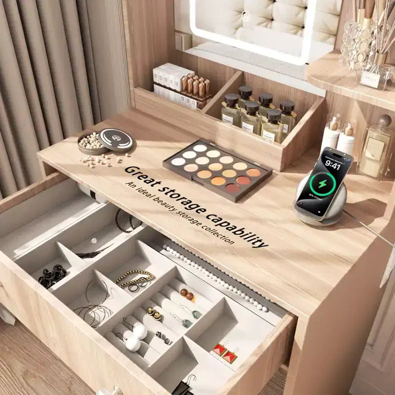 24 Toeletta Moderna in Legno con Specchio Illuminato e Stazione di Ricarica, Tavolino da Trucco Piccolo con 2 Cassetti e 3 Ripiani Contenitori per Camera da Letto