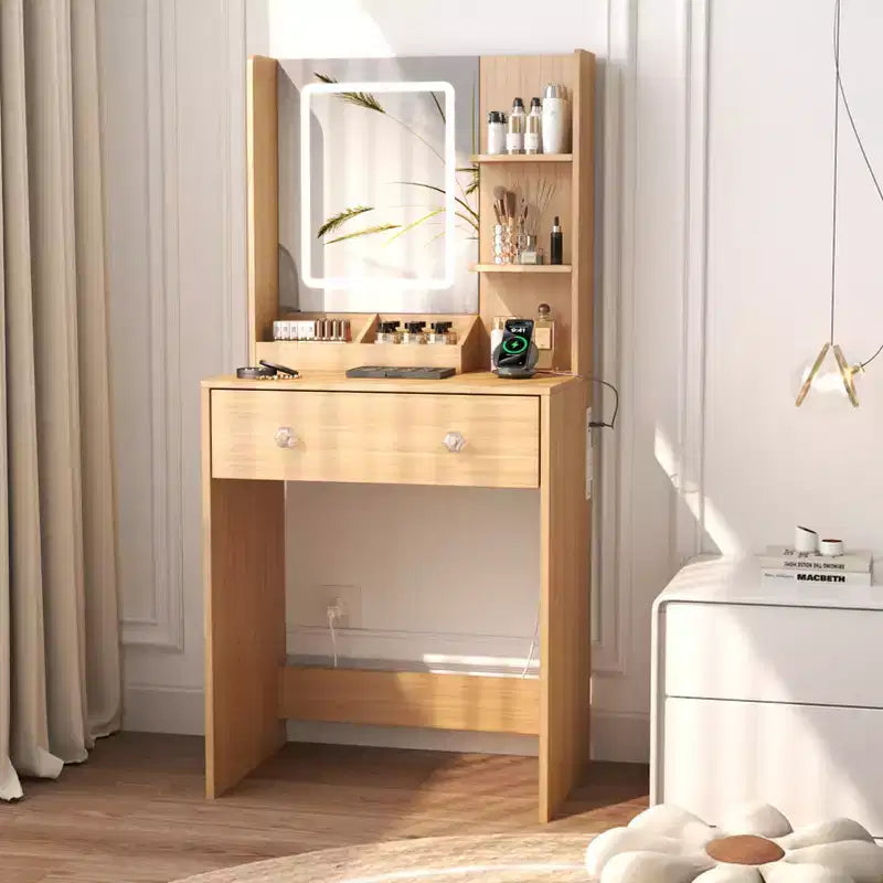 24 Toeletta Moderna in Legno con Specchio Illuminato e Stazione di Ricarica, Tavolino da Trucco Piccolo con 2 Cassetti e 3 Ripiani Contenitori per Camera da Letto