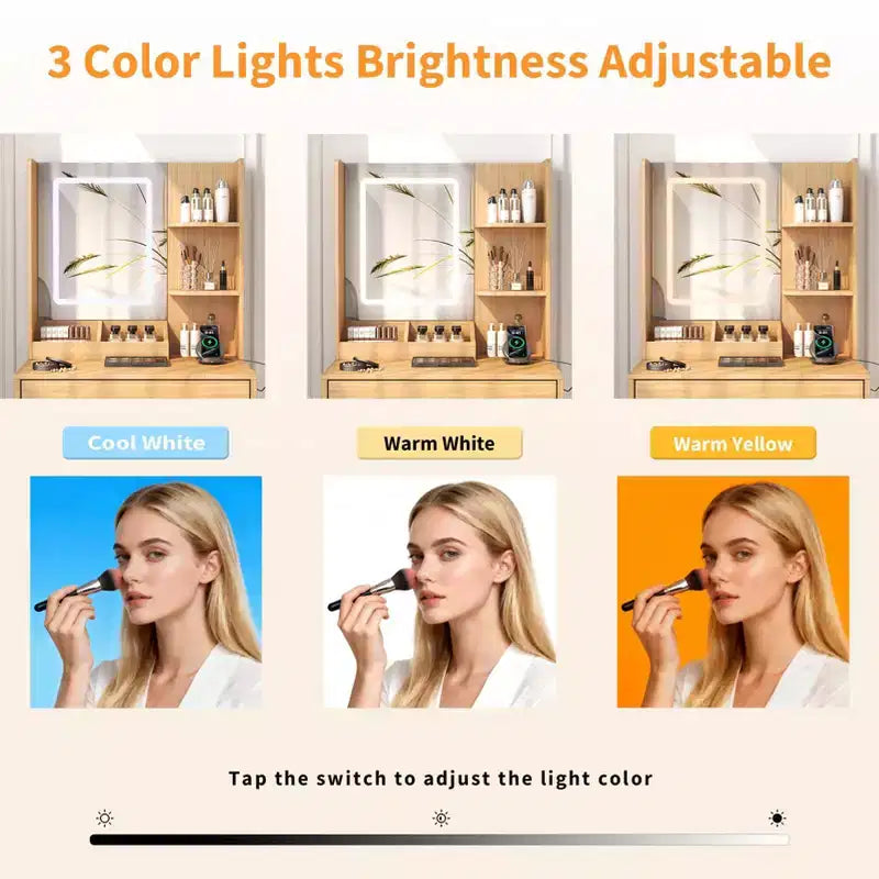 24 Toeletta Moderna in Legno con Specchio Illuminato e Stazione di Ricarica, Tavolino da Trucco Piccolo con 2 Cassetti e 3 Ripiani Contenitori per Camera da Letto