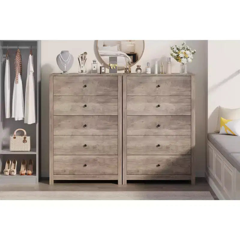 Cassettiera in legno a 5 cassetti, 45H, comò moderno con ampio spazio, organizer alto in legno per camera da letto, soggiorno e ingresso