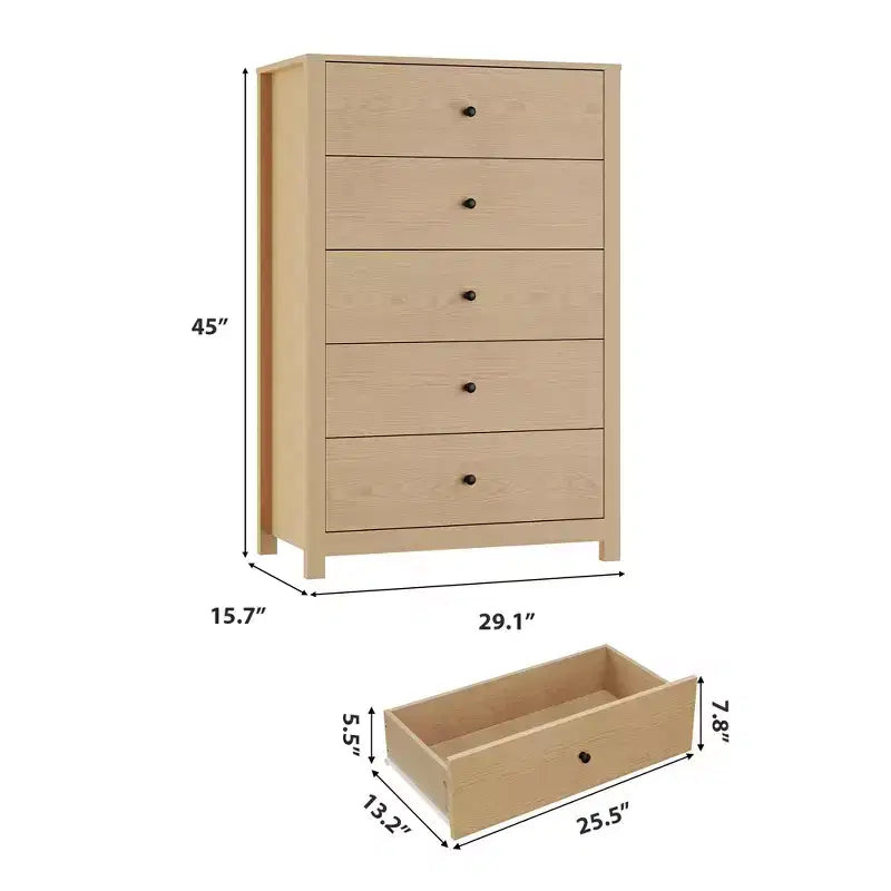 Cassettiera in legno a 5 cassetti, 45H, comò moderno con ampio spazio, organizer alto in legno per camera da letto, soggiorno e ingresso