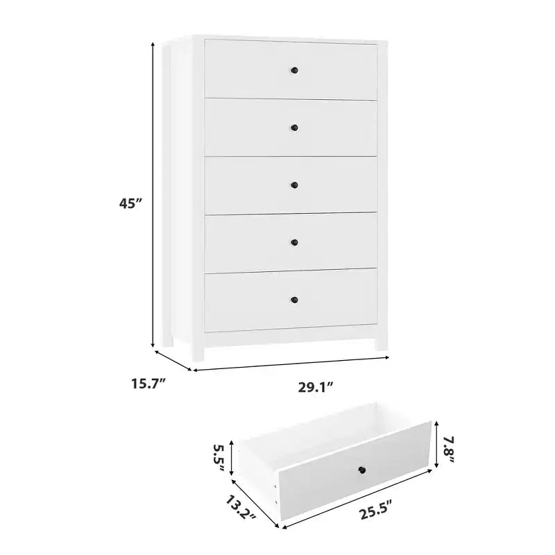 Cassettiera in legno a 5 cassetti, 45H, comò moderno con ampio spazio, organizer alto in legno per camera da letto, soggiorno e ingresso