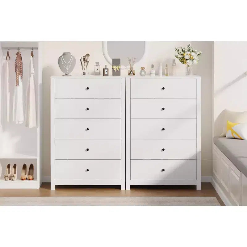 Cassettiera in legno a 5 cassetti, 45H, comò moderno con ampio spazio, organizer alto in legno per camera da letto, soggiorno e ingresso
