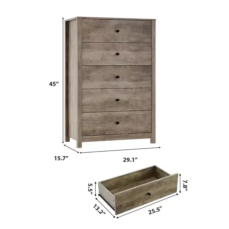 Cassettiera in legno a 5 cassetti, 45H, comò moderno con ampio spazio, organizer alto in legno per camera da letto, soggiorno e ingresso