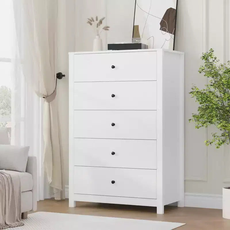 Cassettiera in legno a 5 cassetti, 45H, comò moderno con ampio spazio, organizer alto in legno per camera da letto, soggiorno e ingresso