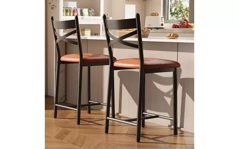 GustoWave Bar Stools Set of 2, Counter Height Metal Bar Chairs with Back & Thick Cushion, Upholstered Kitchen Island Seating, Modern Brown