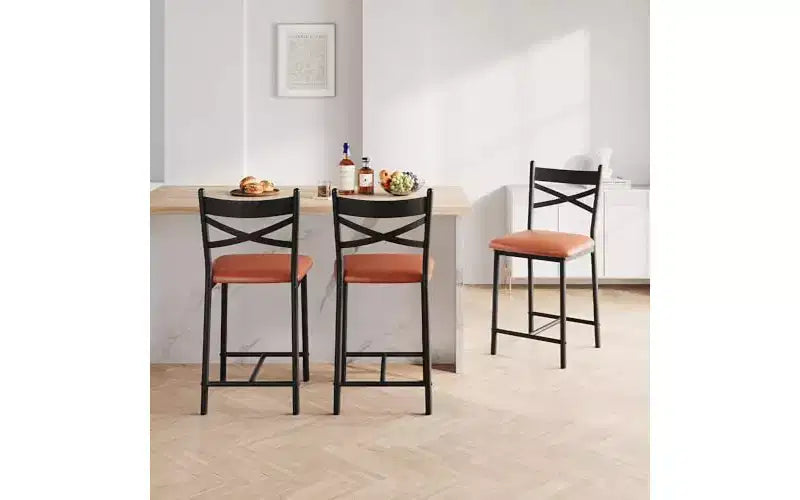 Sgabelli da Bar, Confezione da 2, Sedie da Bar in Metallo Altezza Bancone con Schienale e Cuscino Spesso, Sedute Imbottite per Isola Cucina, Marrone Moderno