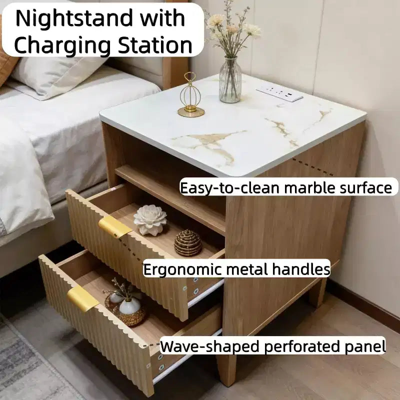 Comodino Moderno Compatto 18 con Piano Effetto Marmo, Tavolino Laterale con Bordo Curvo, 2 Cassetti e Vano a Giorno per Camera da Letto o Salotto