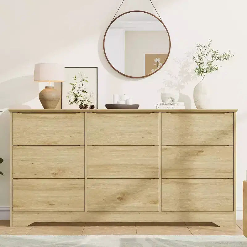 Tall Wooden Dresser with 9 Drawers, Modern Storage Chest with Deep Drawers and Wide Top, Large Organizer for Bedroom, Living Room, or Closet