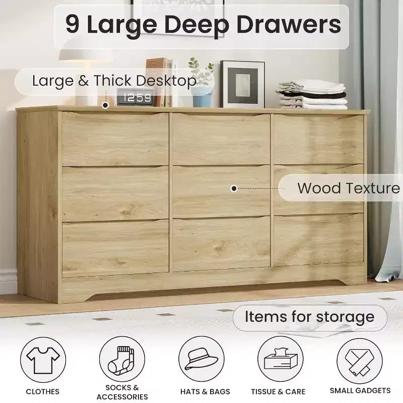 Cassettiera Alta in Legno a 9 Cassetti, Comò Moderno con Cassetti Profondi e Piano Ampio, Grande Organizzatore per Camera da Letto, Soggiorno o Armadio