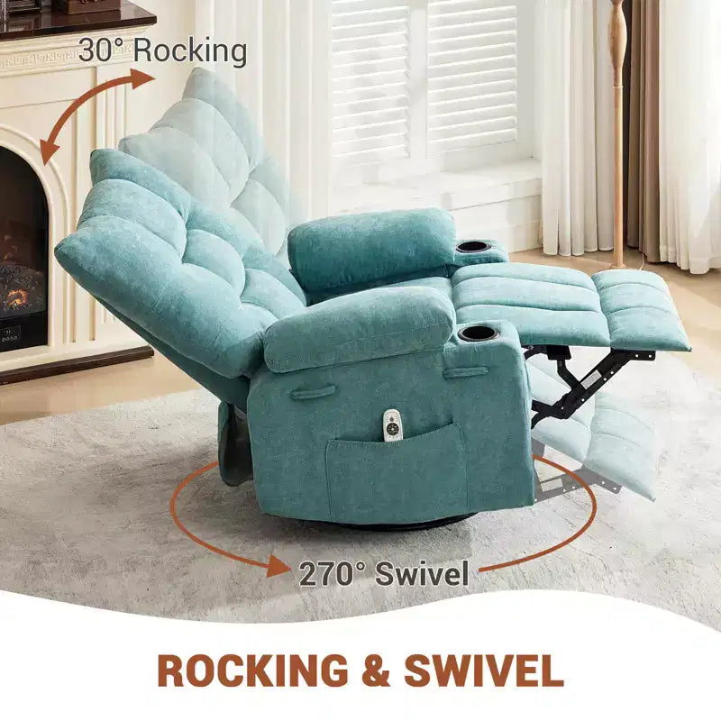 Poltrona reclinabile a dondolo girevole con funzione riscaldante e massaggiante - Recliner a dondolo a 360° con portabicchieri e tasca laterale - Divano singolo ergonomico, blu